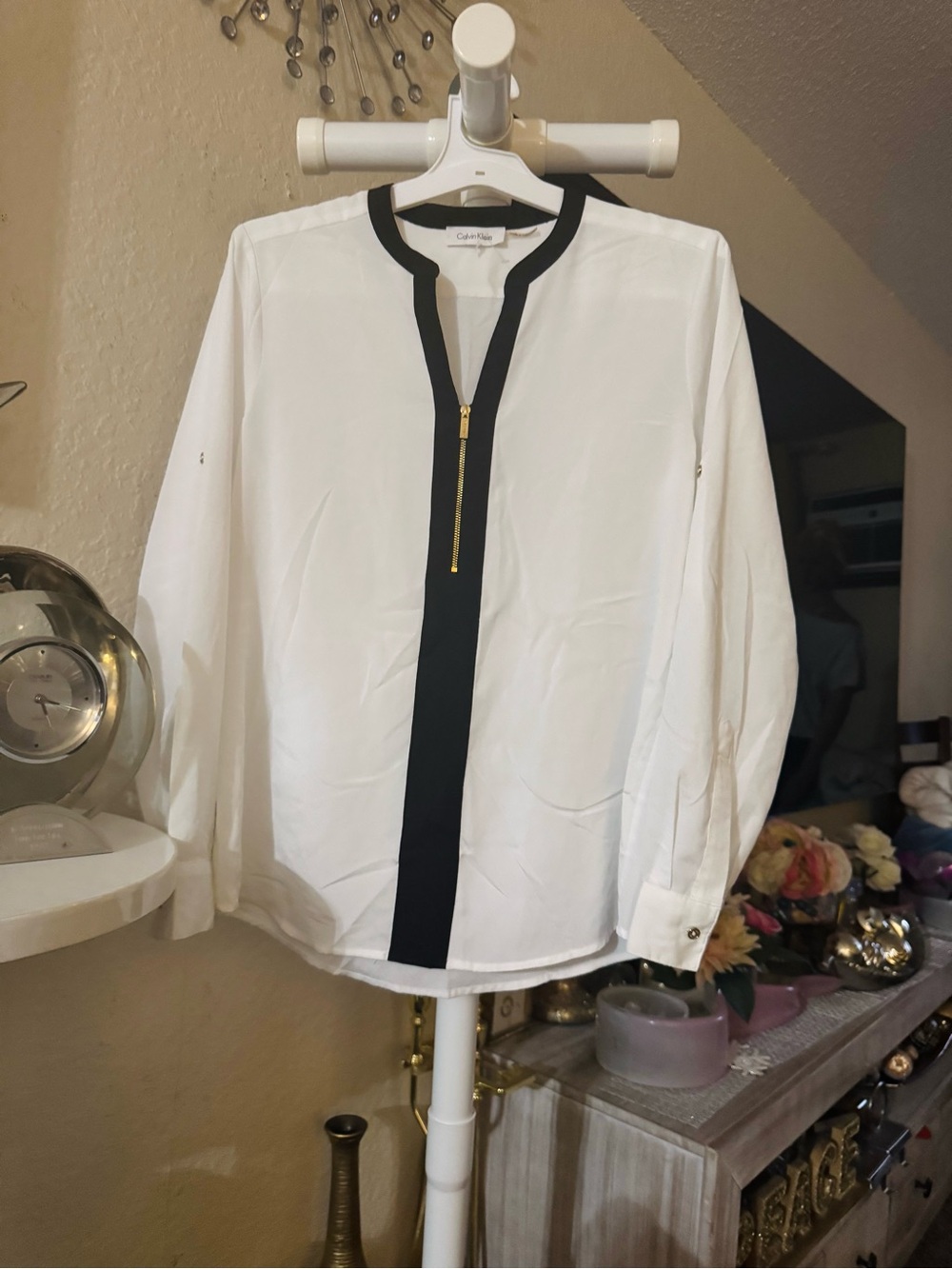 Calvin Klein White Blouse with Black Trim and Gold Zip Pull